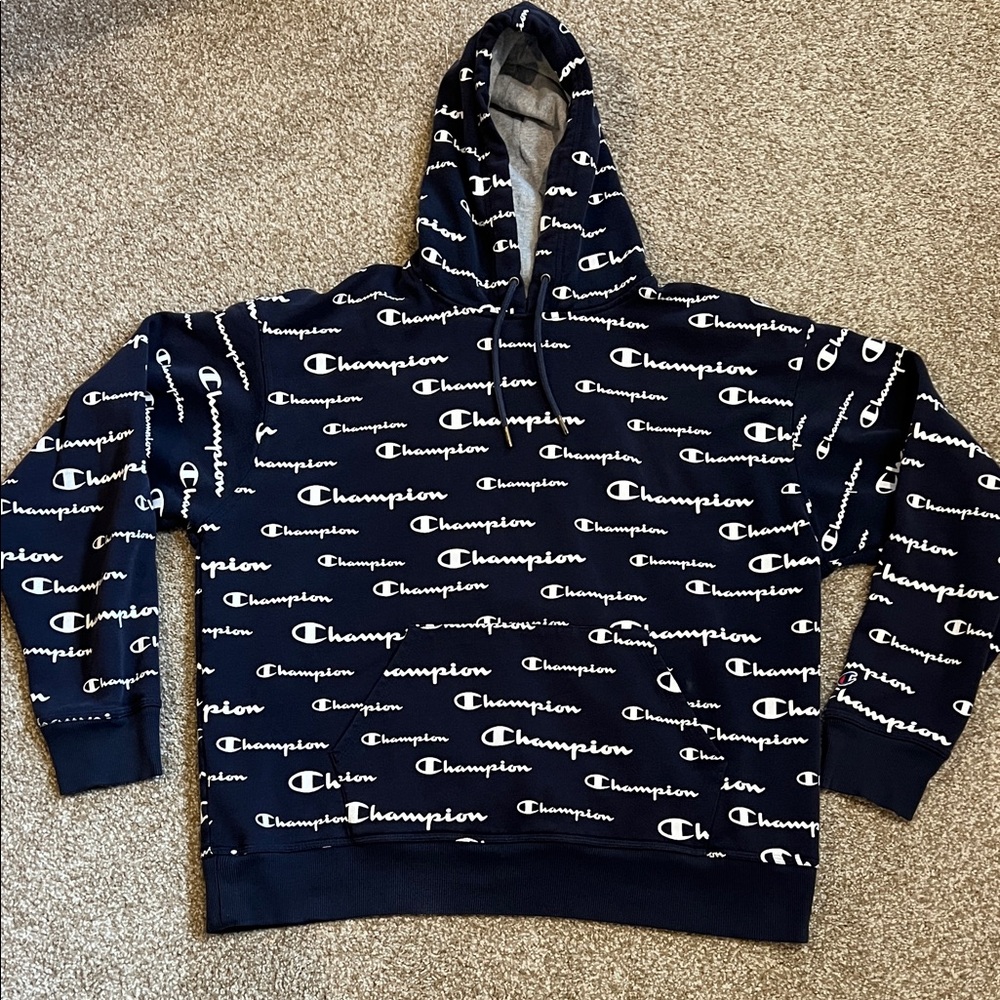 Champion Life Mens Navy Pullover Hoodie, All Over Logo SZ XL